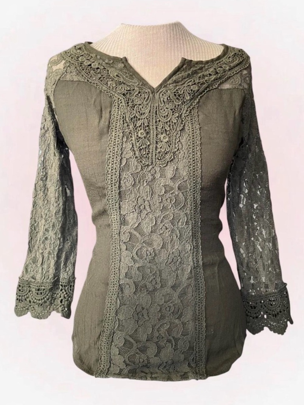 Bohemian Olive Lace Tunic Top w/ bell sleeves